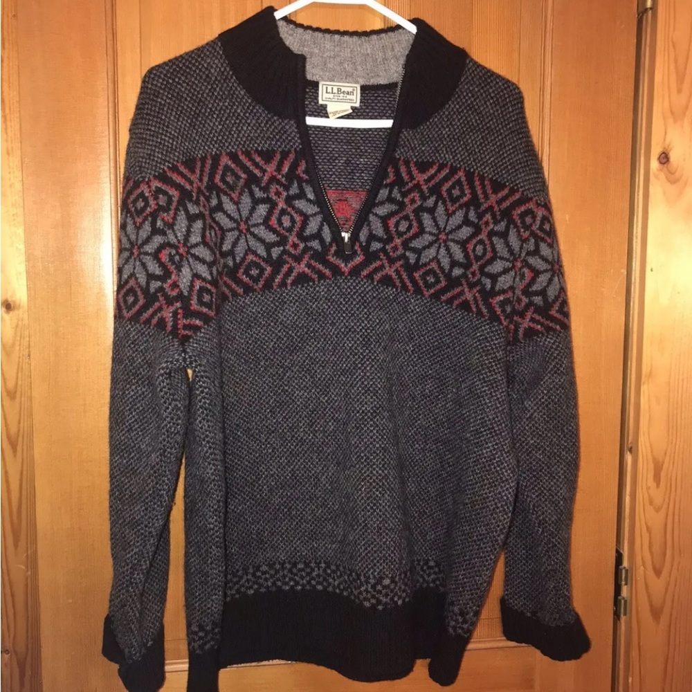LL Bean Shetland Wool Sweater Mens Lg 1/4 Zip Nordic Pullover Grey Fair Isle